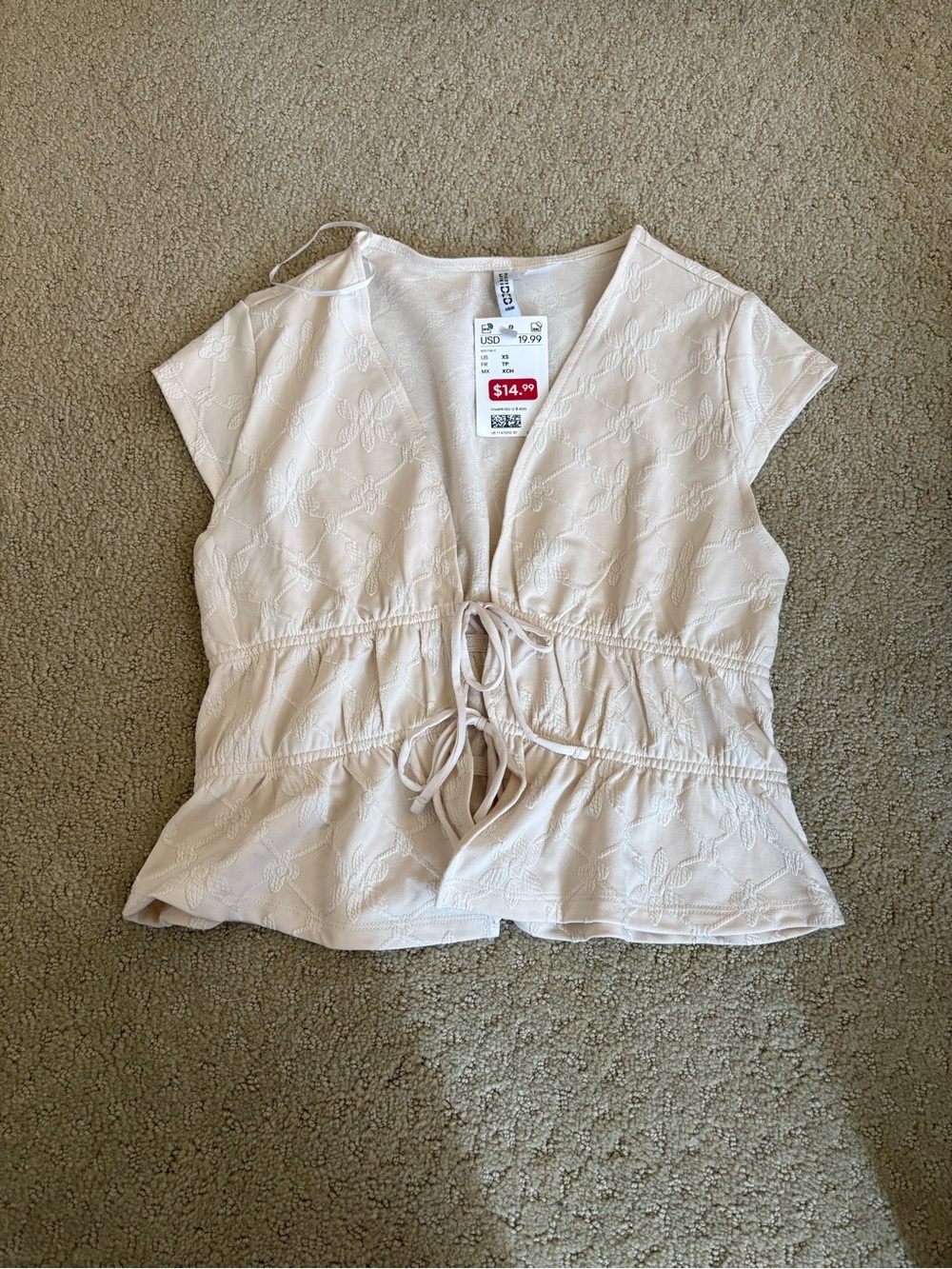 H&M Cream Embroidered Tie-Front Cap Sleeve Top